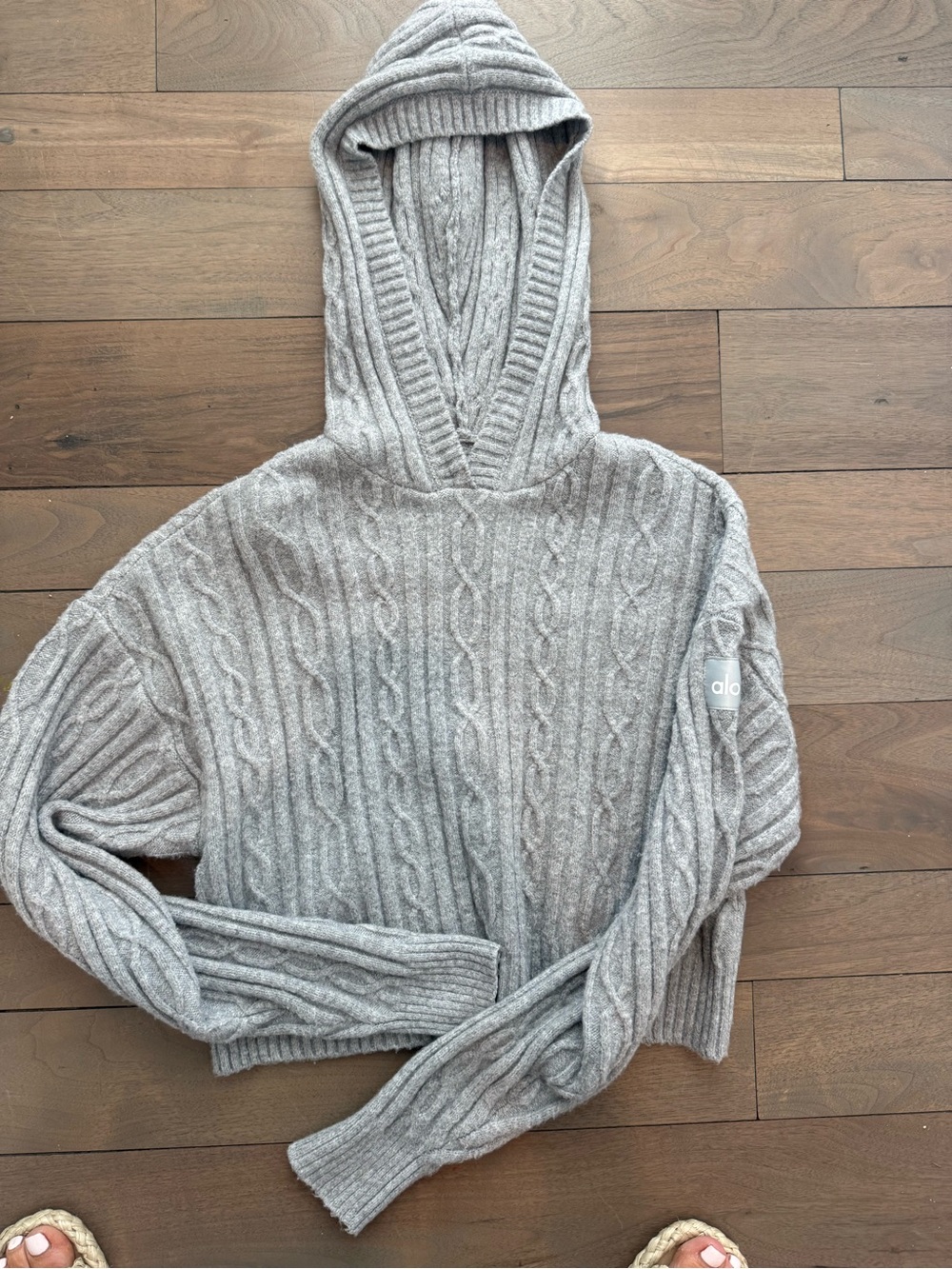 ALO Yoga Light Gray Cable-Knit Hooded Crew Sweater